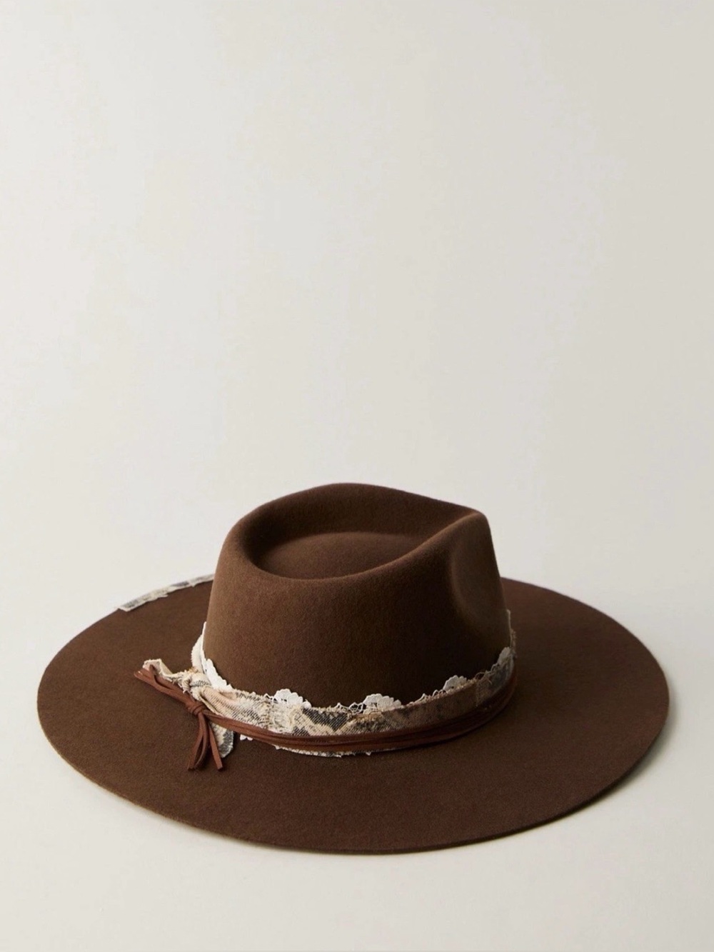 Free People Lace Wool Round Top Hat Suede Cord Wide Brim Western Brown